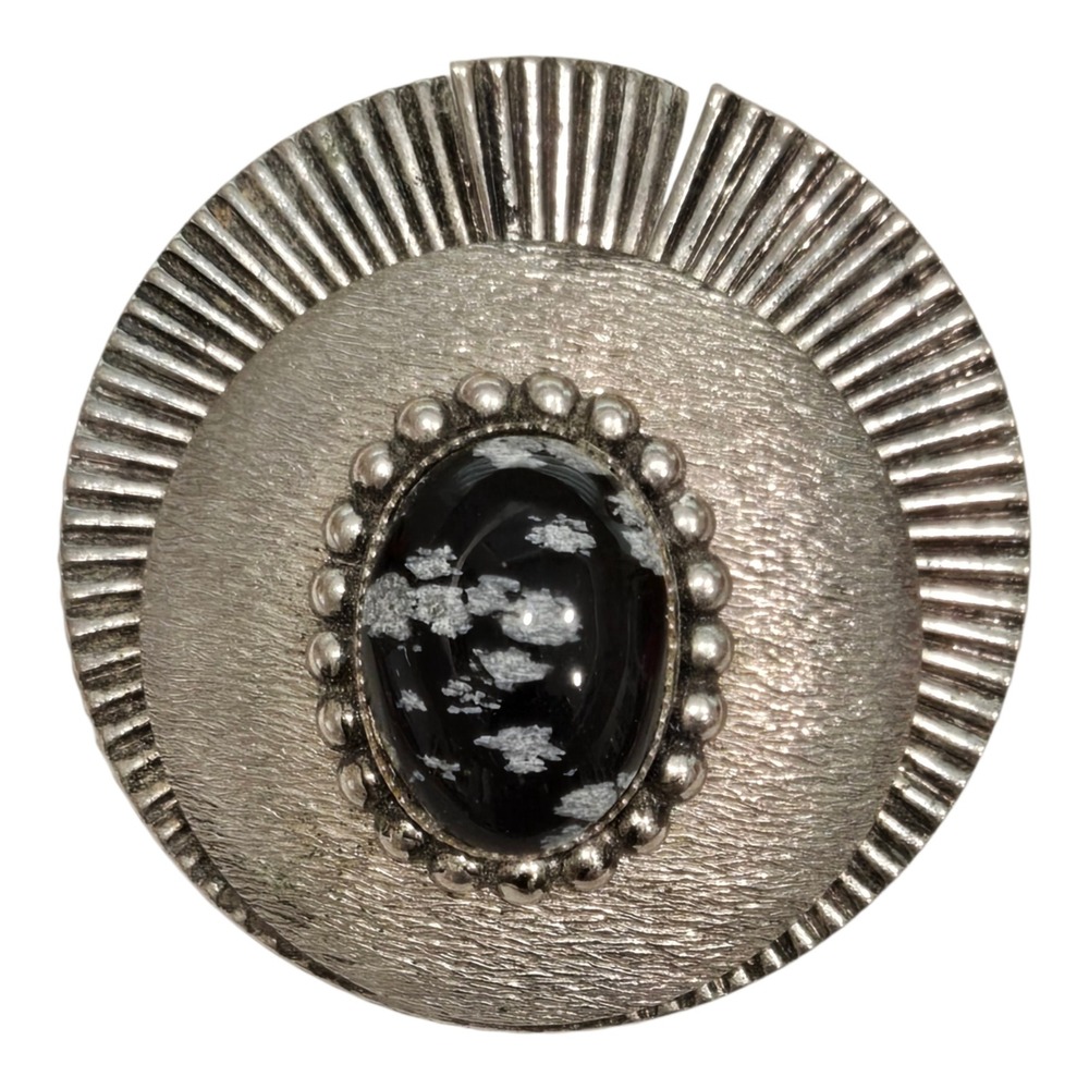 Vintage Brooch Snowflake Obsidian Silver Tone Black Round Textured Sunburst